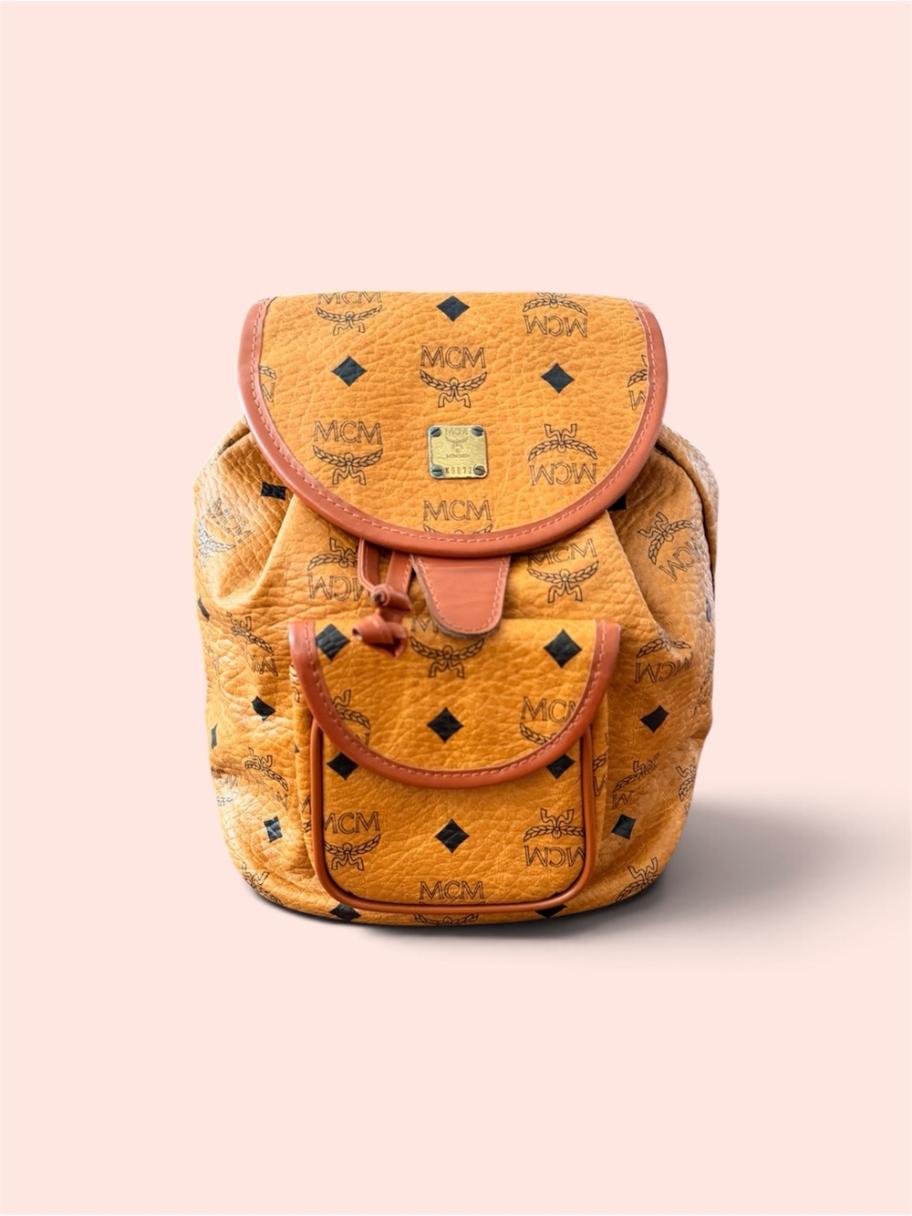 MCM Cognac Visetos Monogram Drawstring Backpack with Black Accents